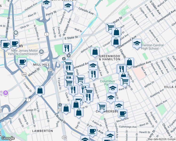 map of restaurants, bars, coffee shops, grocery stores, and more near 248 Tyler Street in Trenton