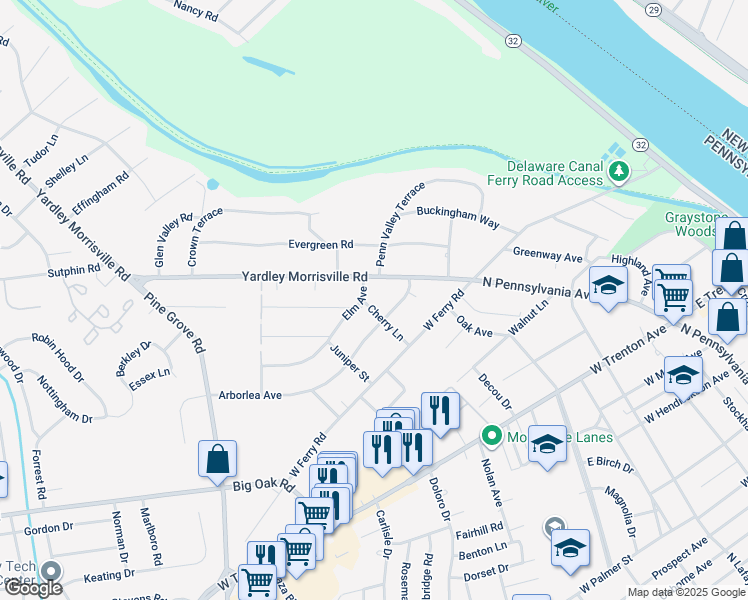 map of restaurants, bars, coffee shops, grocery stores, and more near 3 Elm Avenue in Yardley