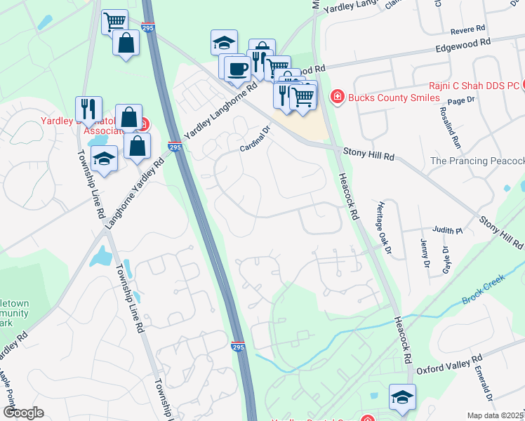 map of restaurants, bars, coffee shops, grocery stores, and more near 580 Wrensong Road in Yardley