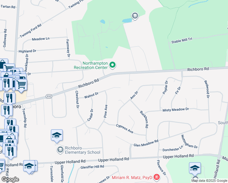 map of restaurants, bars, coffee shops, grocery stores, and more near 120 Walnut Drive in Richboro