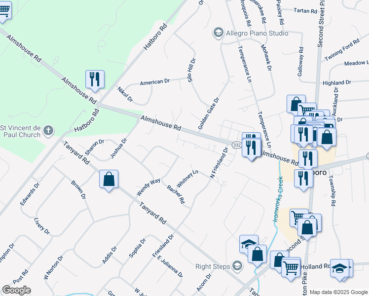 map of restaurants, bars, coffee shops, grocery stores, and more near 61 Legacy Oaks Drive in Richboro
