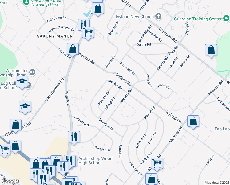 map of restaurants, bars, coffee shops, grocery stores, and more near 1053 Hilltop Road in Warminster