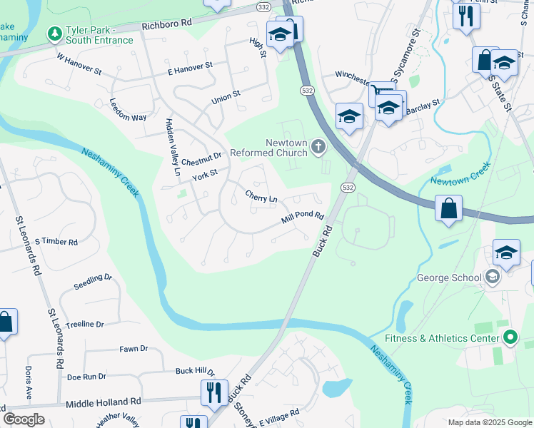 map of restaurants, bars, coffee shops, grocery stores, and more near 12 Greenridge Circle in Newtown