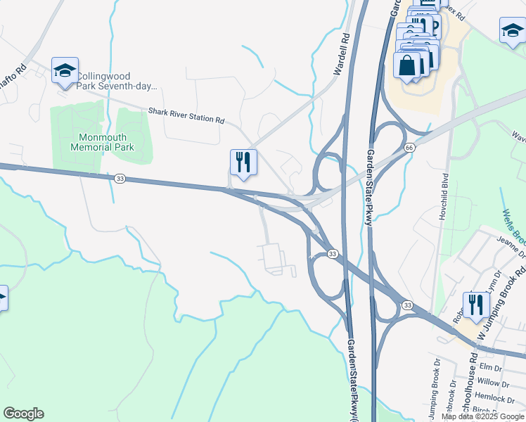 map of restaurants, bars, coffee shops, grocery stores, and more near 100 Autumn Drive in Tinton Falls