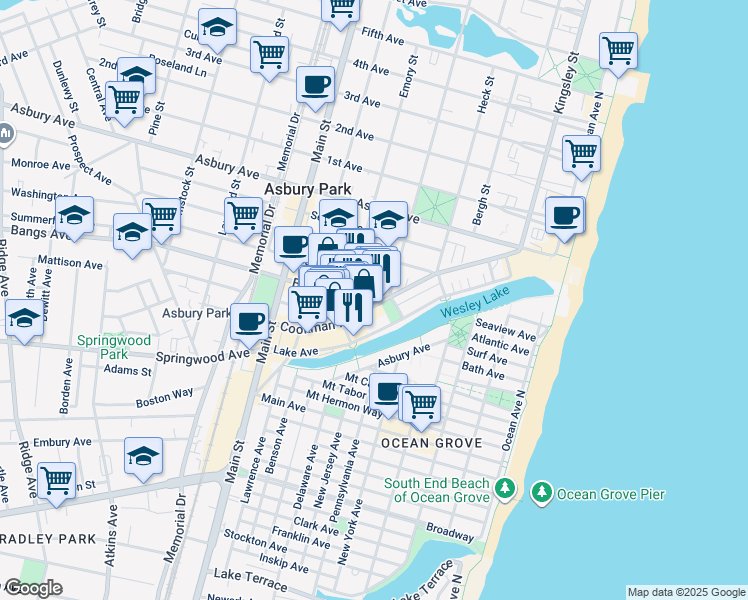 map of restaurants, bars, coffee shops, grocery stores, and more near 521 Cookman Avenue in Asbury Park