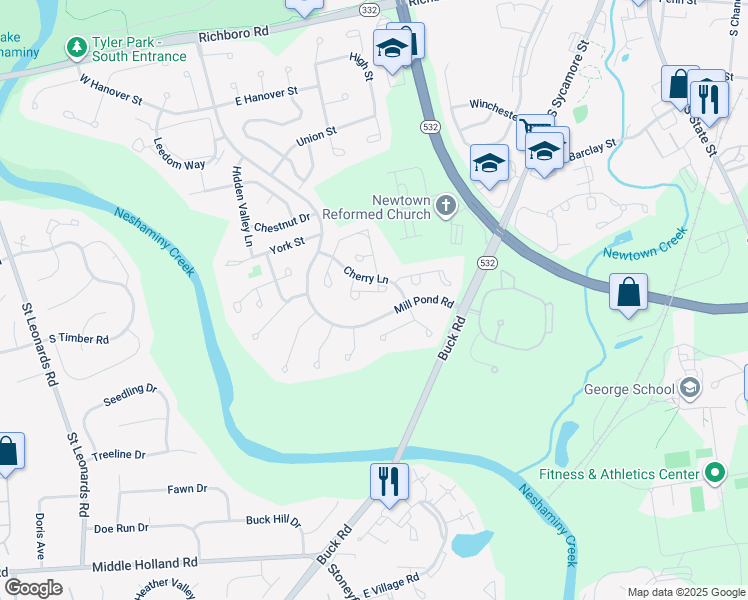 map of restaurants, bars, coffee shops, grocery stores, and more near 12 Greenridge Circle in Newtown