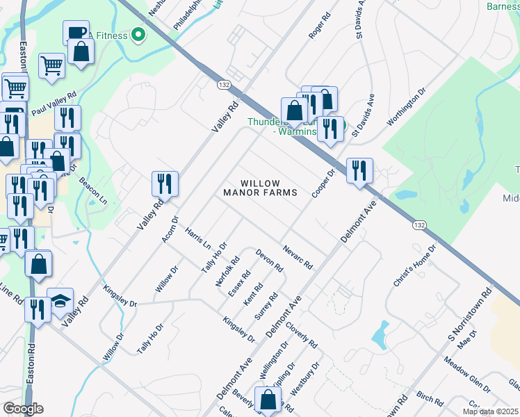 map of restaurants, bars, coffee shops, grocery stores, and more near 1492 Foster Rd in Warminster