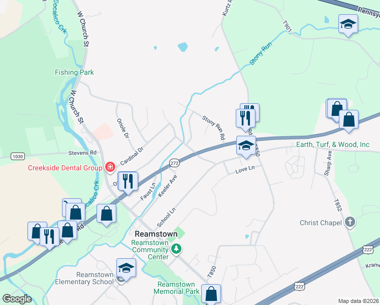 map of restaurants, bars, coffee shops, grocery stores, and more near 1525 North Reading Road in Stevens