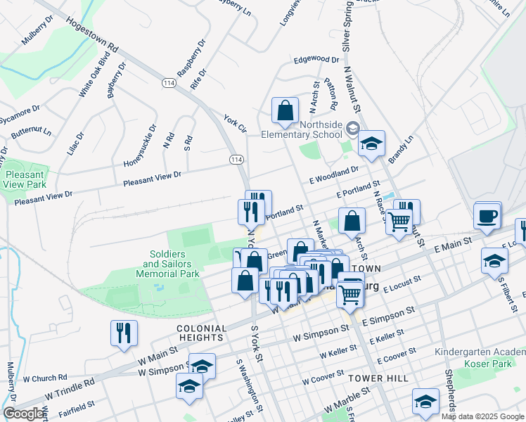 map of restaurants, bars, coffee shops, grocery stores, and more near 130 West Portland Street in Mechanicsburg