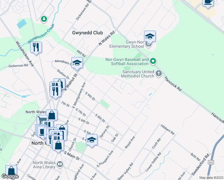 map of restaurants, bars, coffee shops, grocery stores, and more near 1007 Church Street in North Wales