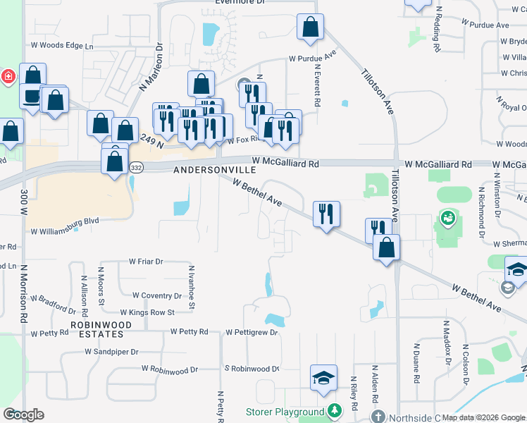 map of restaurants, bars, coffee shops, grocery stores, and more near 2900 North Silvertree Lane in Muncie
