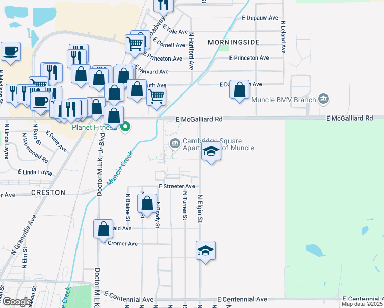 map of restaurants, bars, coffee shops, grocery stores, and more near 2573 North Elgin Street in Muncie