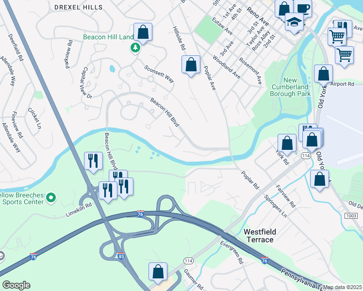 map of restaurants, bars, coffee shops, grocery stores, and more near 1112 Quincy Circle in New Cumberland