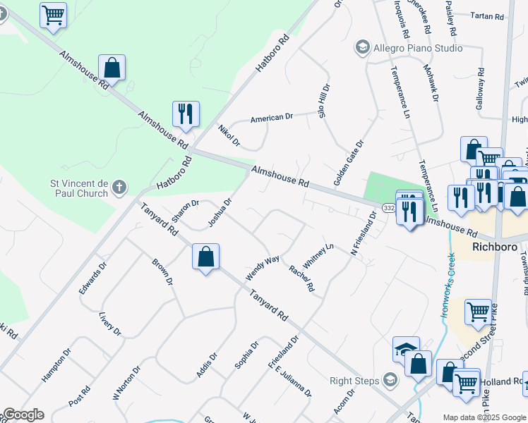 map of restaurants, bars, coffee shops, grocery stores, and more near 31 Jasons Way in Richboro