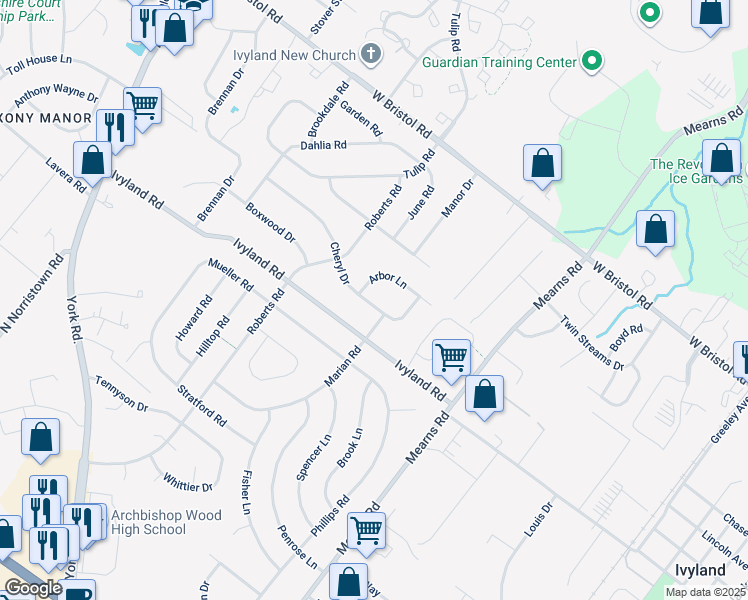 map of restaurants, bars, coffee shops, grocery stores, and more near 675 Cheryl Dr in Warminster