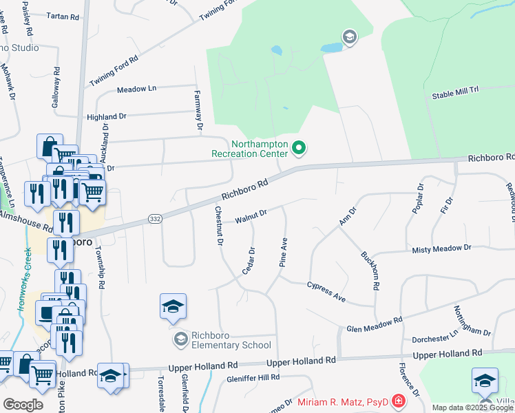 map of restaurants, bars, coffee shops, grocery stores, and more near 57 Walnut Drive in Richboro