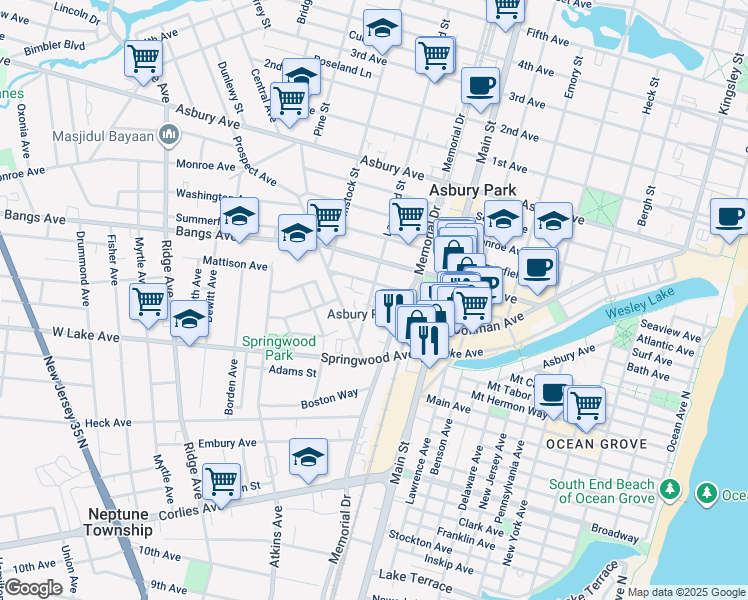 map of restaurants, bars, coffee shops, grocery stores, and more near 929 Cookman Avenue in Asbury Park