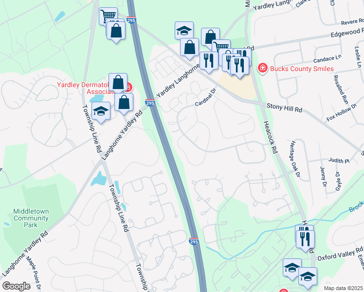 map of restaurants, bars, coffee shops, grocery stores, and more near 589 South Dove Road in Yardley