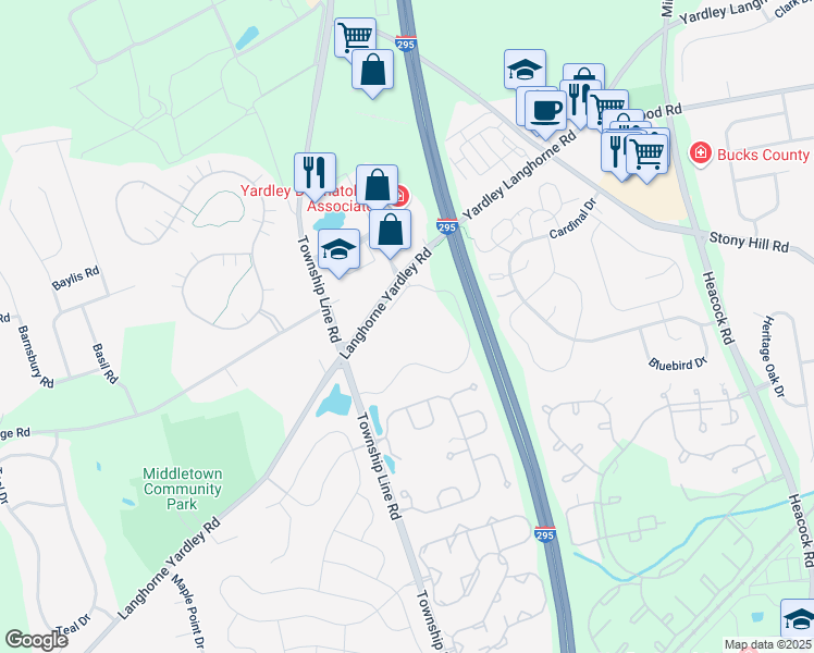 map of restaurants, bars, coffee shops, grocery stores, and more near 1238 Polo Run Drive in Yardley