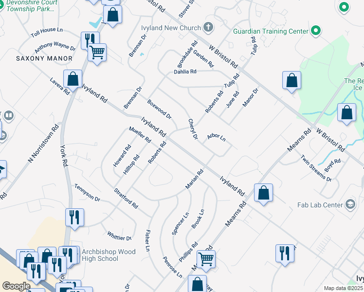 map of restaurants, bars, coffee shops, grocery stores, and more near 676 Ivyland Road in Warminster