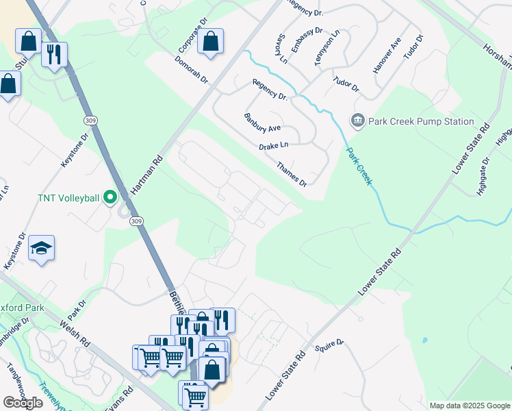 map of restaurants, bars, coffee shops, grocery stores, and more near 210 Ellison Drive in North Wales