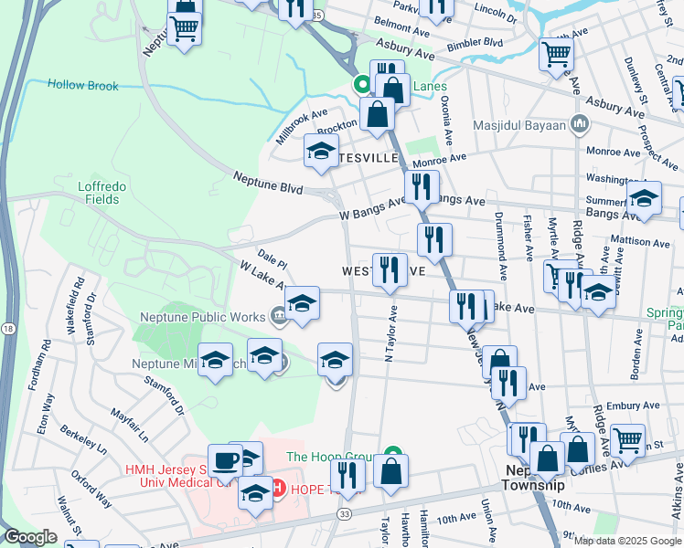 map of restaurants, bars, coffee shops, grocery stores, and more near 304 Neptune Boulevard in Neptune City