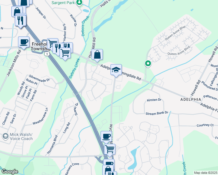 map of restaurants, bars, coffee shops, grocery stores, and more near 112 Watson Court in Howell Township