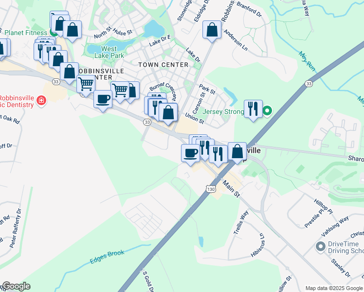 map of restaurants, bars, coffee shops, grocery stores, and more near 7A Robbinsville Allentown Road in Robbinsville Township