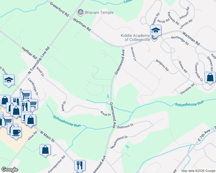 map of restaurants, bars, coffee shops, grocery stores, and more near 362 Greenwood Avenue in Collegeville
