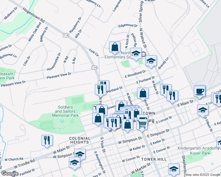 map of restaurants, bars, coffee shops, grocery stores, and more near 99 West Portland Street in Mechanicsburg