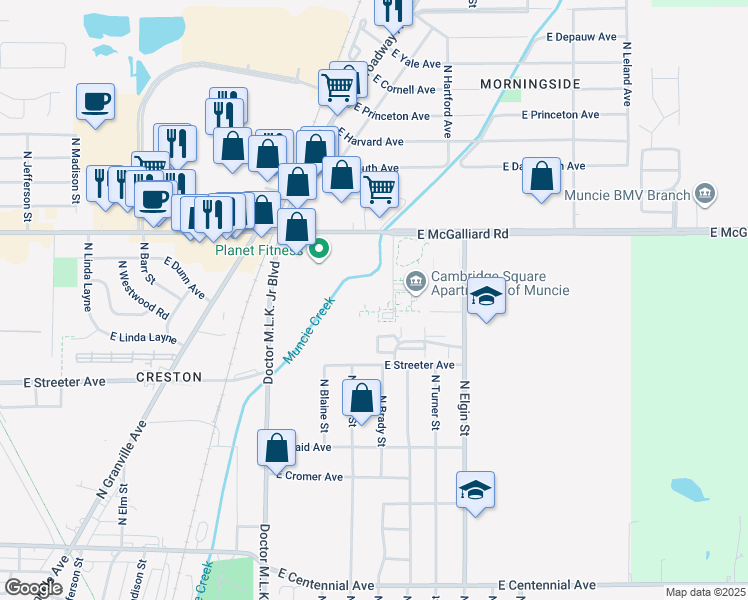 map of restaurants, bars, coffee shops, grocery stores, and more near 2529 North Elgin Street in Muncie