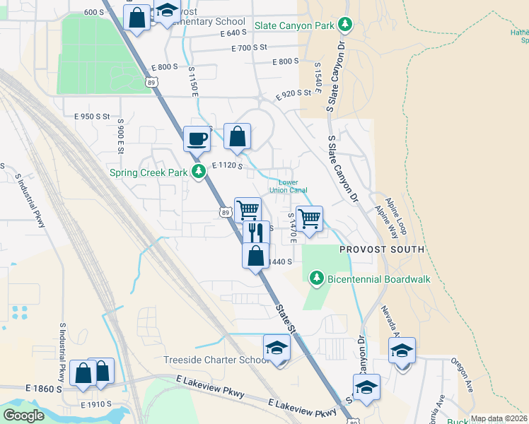 map of restaurants, bars, coffee shops, grocery stores, and more near 1256 South 1410 East in Provo