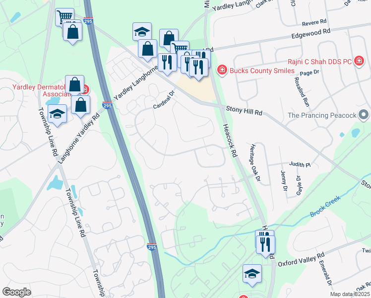 map of restaurants, bars, coffee shops, grocery stores, and more near 639B Rose Hollow Drive in Yardley