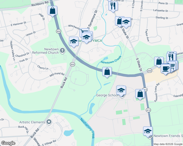 map of restaurants, bars, coffee shops, grocery stores, and more near 813 Diamond Drive in Newtown