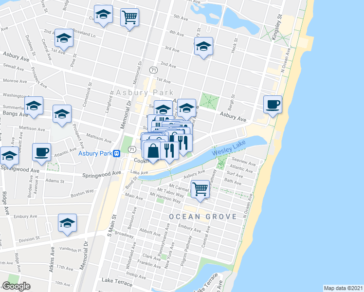 map of restaurants, bars, coffee shops, grocery stores, and more near 511 Cookman Avenue in Asbury Park
