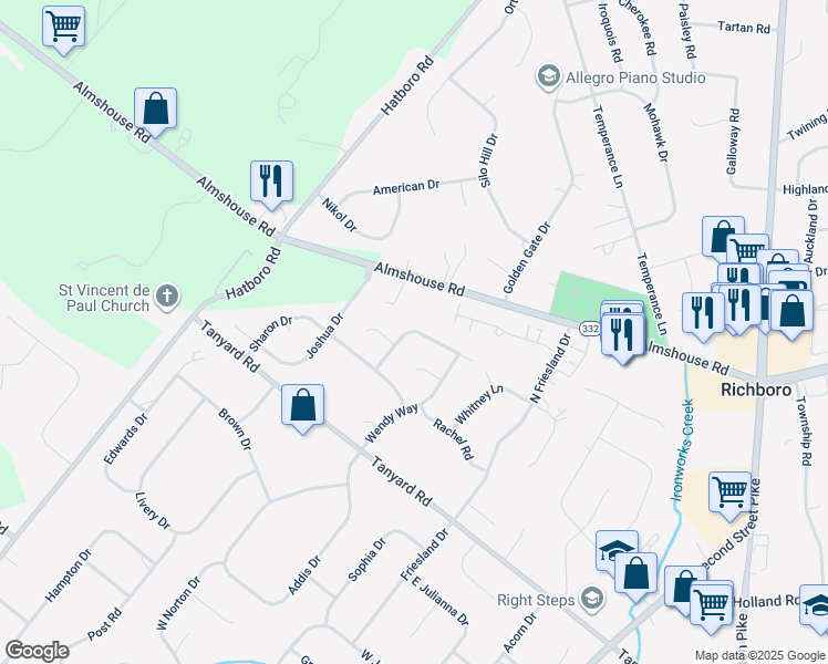 map of restaurants, bars, coffee shops, grocery stores, and more near 55 Jasons Way in Richboro