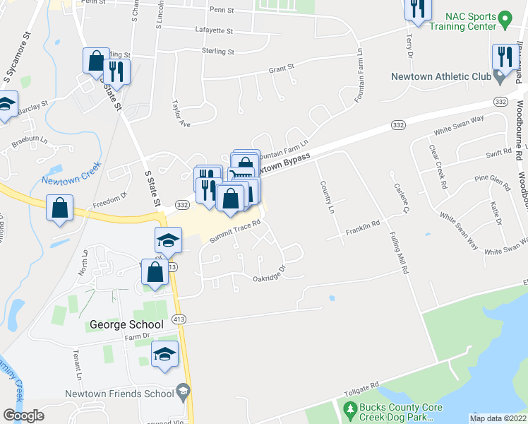 map of restaurants, bars, coffee shops, grocery stores, and more near 214 Summit Trace Road in Langhorne