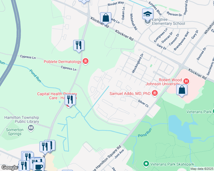 map of restaurants, bars, coffee shops, grocery stores, and more near 51 Mulberry Court in Hamilton Township