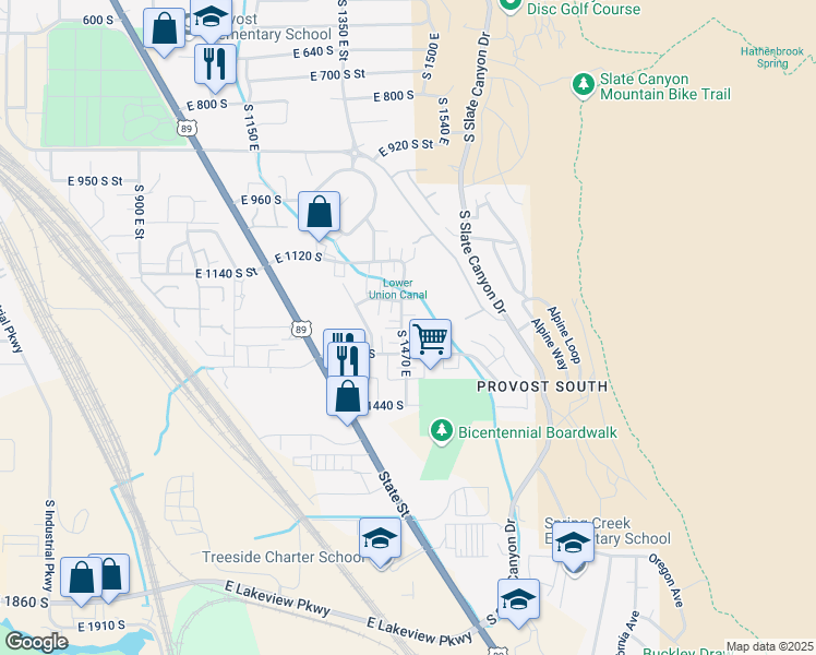 map of restaurants, bars, coffee shops, grocery stores, and more near 1481 East 1280 South in Provo
