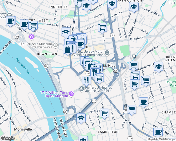 map of restaurants, bars, coffee shops, grocery stores, and more near in Trenton