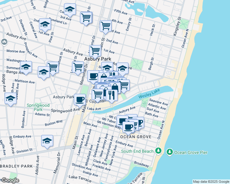 map of restaurants, bars, coffee shops, grocery stores, and more near 513 Bangs Avenue in Asbury Park