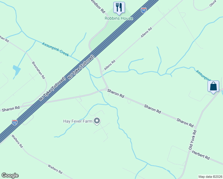 map of restaurants, bars, coffee shops, grocery stores, and more near 328 Sharon Road in Hightstown
