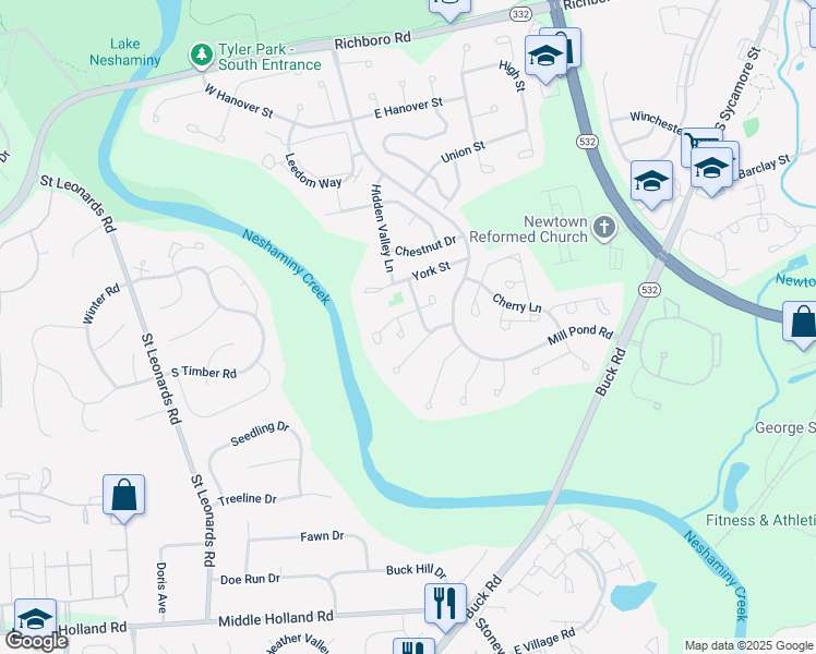 map of restaurants, bars, coffee shops, grocery stores, and more near 6 Prince Phillip Court in Newtown