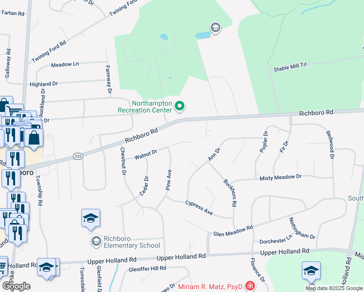 map of restaurants, bars, coffee shops, grocery stores, and more near 120 Walnut Drive in Richboro