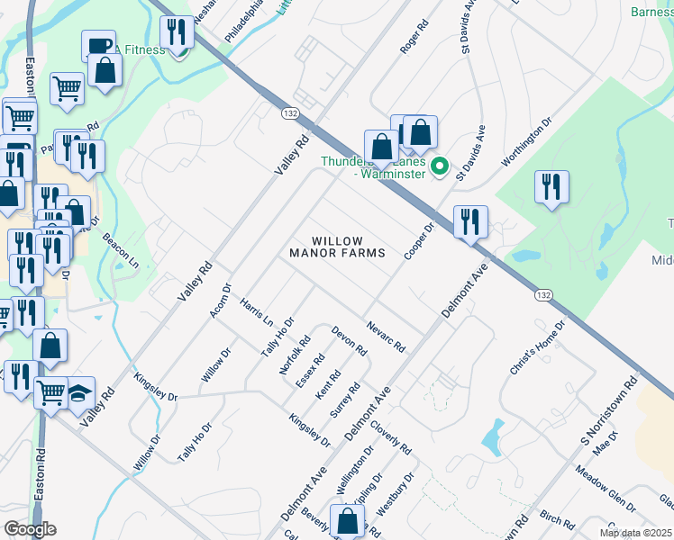 map of restaurants, bars, coffee shops, grocery stores, and more near 1492 Foster Rd in Warminster