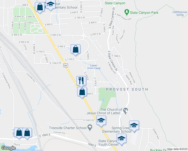 map of restaurants, bars, coffee shops, grocery stores, and more near 1436 South 1470 East in Provo