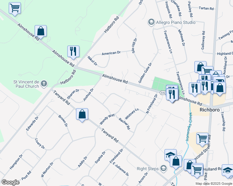 map of restaurants, bars, coffee shops, grocery stores, and more near 55 Jasons Way in Richboro