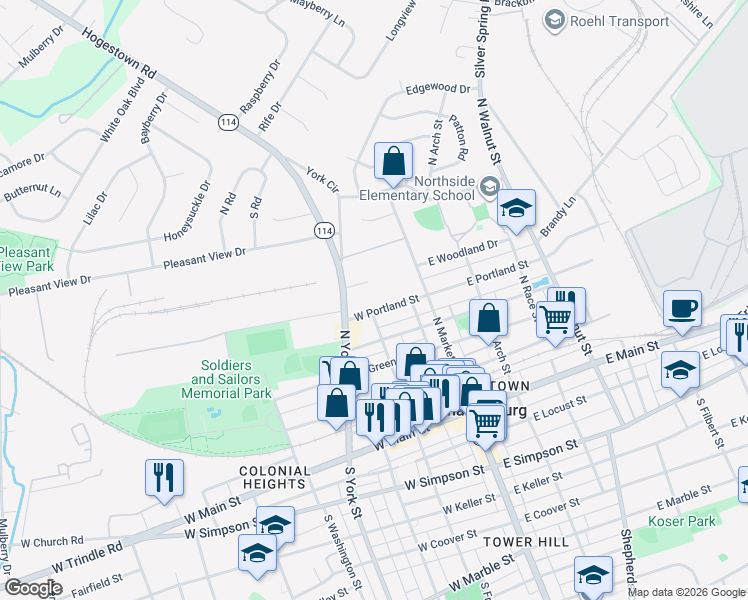 map of restaurants, bars, coffee shops, grocery stores, and more near 124 West Portland Street in Mechanicsburg
