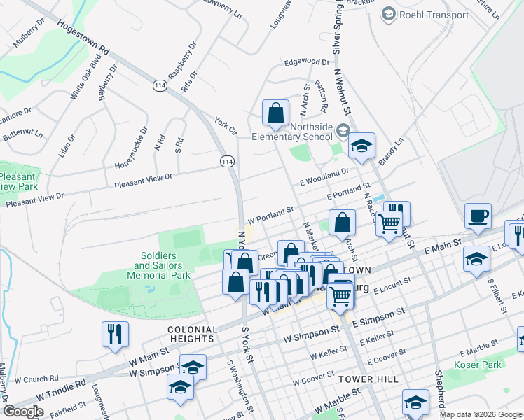 map of restaurants, bars, coffee shops, grocery stores, and more near 124 West Portland Street in Mechanicsburg