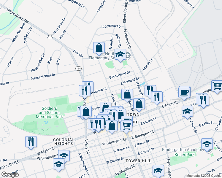 map of restaurants, bars, coffee shops, grocery stores, and more near 320 North Market Street in Mechanicsburg